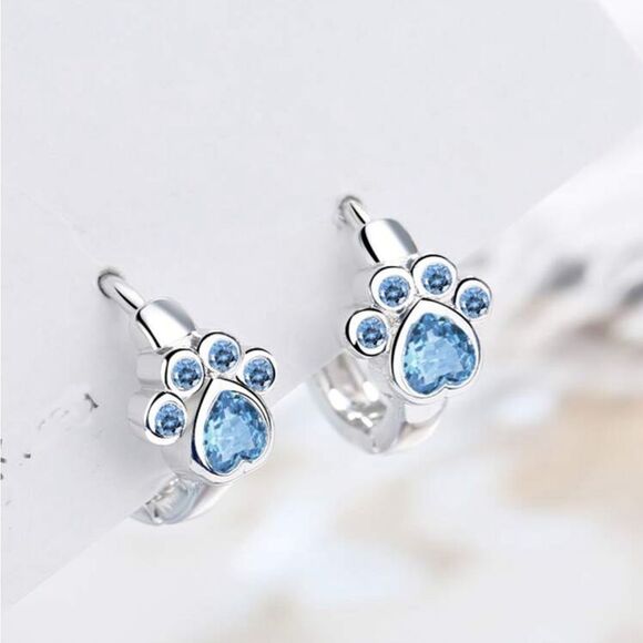 Cute Pet Paw Print Design Silver and Blue Tone & Zirconia Ear Stud Earrings - Picture 2 of 10